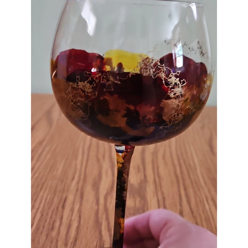HAND PAINTED RED MULTI COLOR /GOLD DESIGN-LARGE  24 OZ BALLOON WINE GOBLET